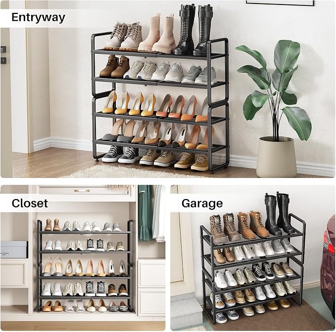 SNTD Shoe Rack - Expandable Shoe Organizer for Closet, Adjustable Metal Shoe Shelf Storage, Stackable Long Shoe Stand Holder for Garage, Entryway, Door Entrance (Black, 4-Tier)