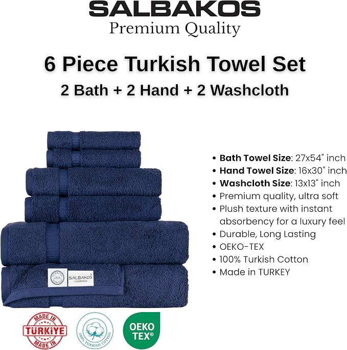 SALBAKOS - Luxury 6 Piece Towel Set, 100% Turkish Cotton, Quick Drying, Highly Absorbent & Comfy, Includes 2 Bath Towels, 2 Hand Towels & 2 Washcloths | (Navy)