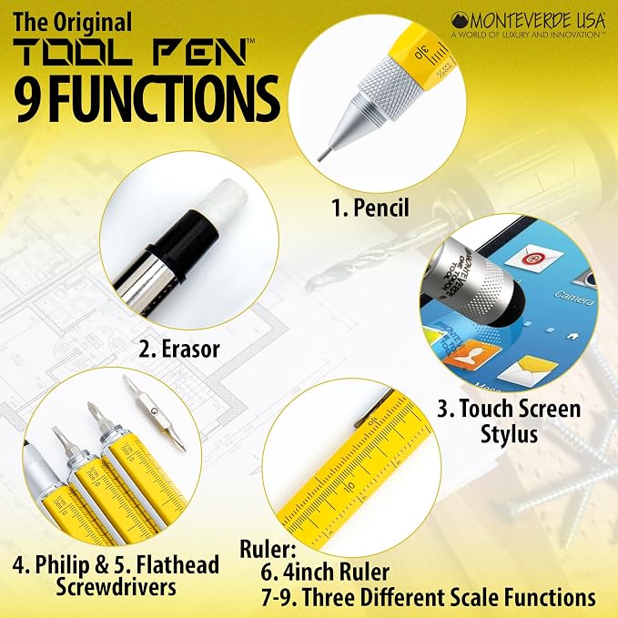 Monteverde One Touch Tool Set Ballpoint Pen with Stylus Yellow + Tool Pencil – Original Multifunction Pen Set from the Exclusive Collection – Ideal Gift for Engineers (MV35459)