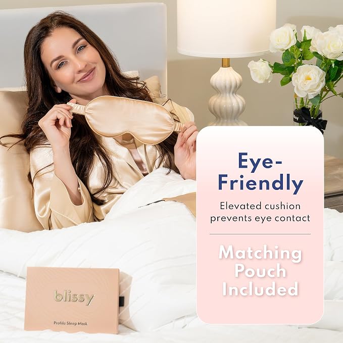Blissy Silk Sleep Mask Profile - 100% Pure Mulberry Silk 22 Momme 6A Fibers Silk Eye Sleeping Mask for Women & Men for Total Blackout - Blindfold Silk Sleep Mask Side Sleeper Eye Cover (Champagne)
