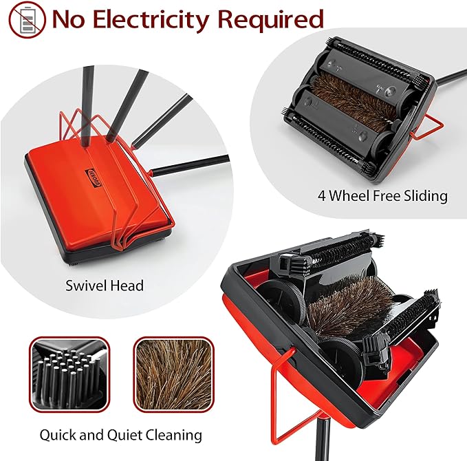 JEHONN Carpet Floor Sweeper Manual with Horsehair, Broom and Dustpan Set for Home