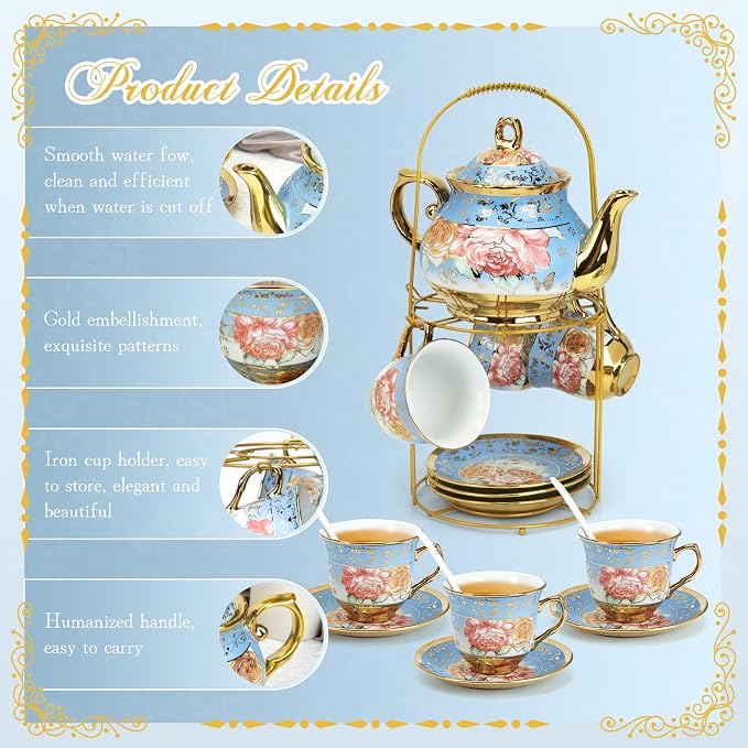 ALIMOTA 20 Pcs Porcelain Tea Set with Metal Holder and Spoon, European Ceramic Tea Set for Adults, European Flower Painting Teapot Cup Saucer Spoon Set for 6, Gift Pack (Blue)