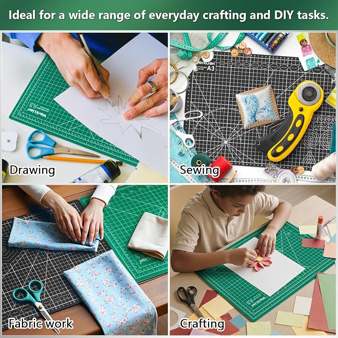 Worklion Self Healing Craft Mat: 18"x12" Rotary Cutting Mat for Sewing,Quilting,Leather,Craft,Fabric,Model,Art,Clay,5-layer 2-sided Cutting Mat, green and black