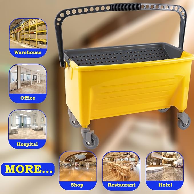 Matthew Cleaning Microfiber Finish Bucket with Sieve,Press Wring Mop Bucket for Microfiber Flat Mops, Mop Bucket with Non-Marking Casters Wheels,44" Yellow