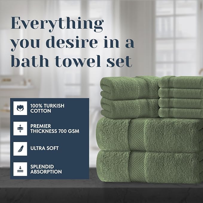 White Classic Luxury Bath Towel Set of 8 Pieces - 100% Turkish Cotton Highly Absorbent Towels for Bathroom, 2 Luxury Bath Towels 700GSM, 2 Hand Towels, 4 Washcloths, Forest Green