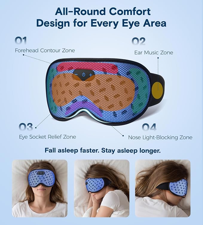 MUSICOZY Bluetooth Sleep Mask, Cooling Weighted Eye Mask with Bluetooth Headphones for Side Sleepers, 3D Contoured Relaxing No Pressure Eye Cover to Block Light for Night Sleeping(Grid Blue)