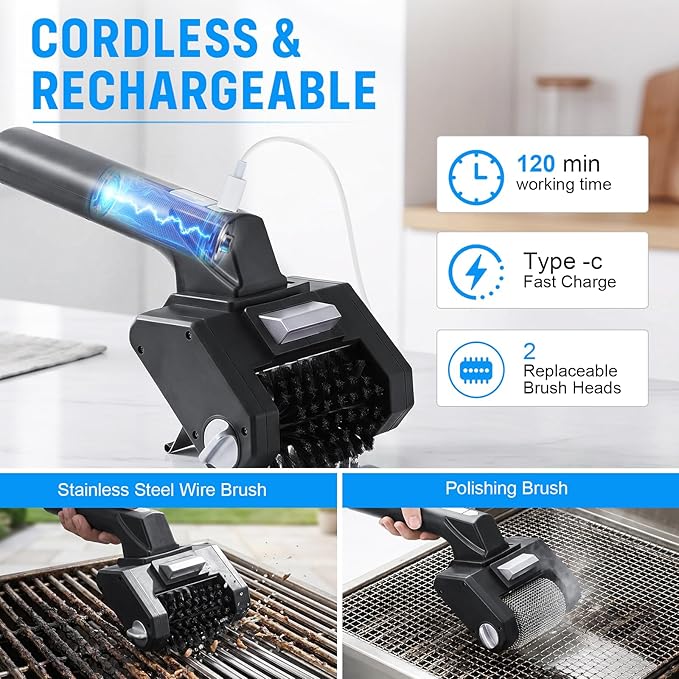 Electric Grill Brush, 350 RPM BBQ Grill Cleaner with 2 Replace Cleaning Heads, 2600mAh Battery Cordless Griddle Scrubber Waterproof for Outdoor Flat Top, Cast Iron, Barbecue Grates, Black