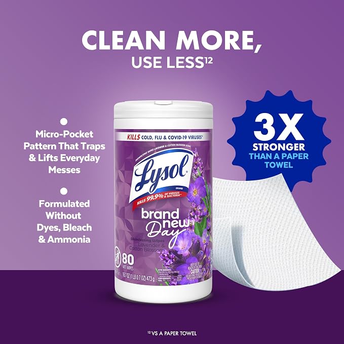 LYSOL Disinfecting Wipes, All Purpose Cleaner, Multi-Surface Antibacterial Cleaning Wipes, Household Cleaning Supplies, Dorm Essentials, Lavender & Cotton Blossom Scent, 80 ct.