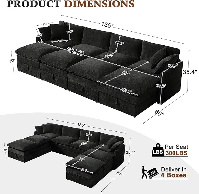 Ihanherry 135” Oversized Sectional Sofa Bed with Storage, 8-Seater Modular Cloud Couch with Movable Ottomans, Chenille Deep Seat Sleeper Couches for Living Room (Black)