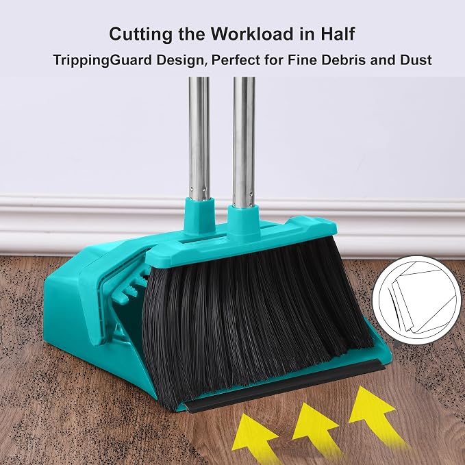 Tiumso Upgrade Broom with Dustpan Combo Set, Broom and Dustpan Set with 51'' Long Handle, Large Upright Brooms and Dust Pans, ZeroGap Lip, Self-Cleaning Dustpan Teeth for Lobby and Restaurant - Blue