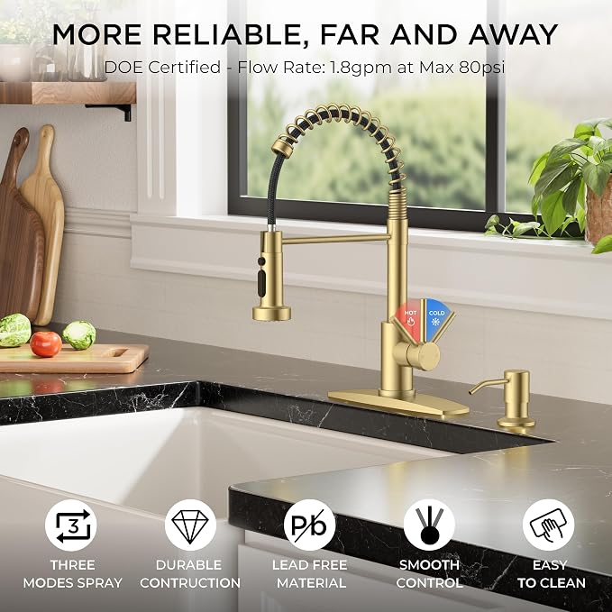 FORIOUS Gold Kitchen Sink Faucet, Stainless Steel Single Handle | Classic Commercial Kitchen Faucet with 3 Modes Sprayer, Suitable for Outdoor Laundry Rv Bar, with Deck Plate for 1 or 3 holes