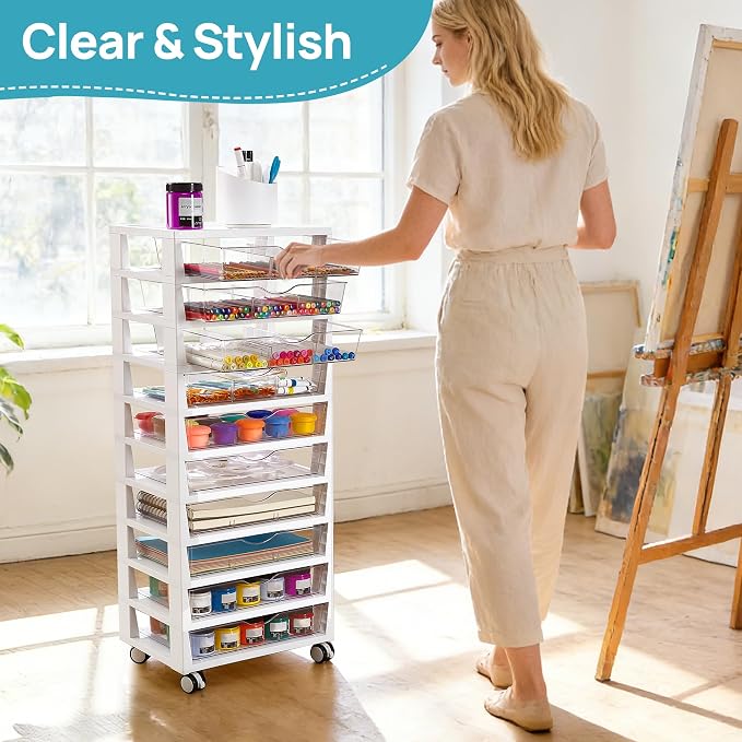 Vtopmart 10 Tier Rolling Cart with Drawers, Clear Plastic Drawers with Removable Dividers for Art &Office Supplies, Beauty Products, Toy, Under Desk Storage for Craft Room, Classroom