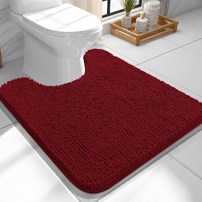 OLANLY Toilet Rugs U-Shaped 24x24, Extra Soft Absorbent Chenille Contour Bathroom Rugs for Toilet, Dry Quickly, Machine Washable, Non-Slip Bath Mat, Red