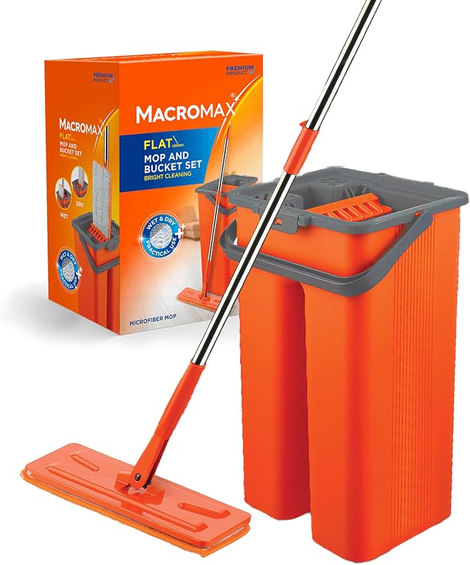 Macromax Flat Mop and Bucket Set – 100% Microfiber Mop with Dual Wet & Dry Use – Slim Design for Corners & Under Furniture – Easy-Squeeze Bucket for Hardwood, Tile & Laminate Floors