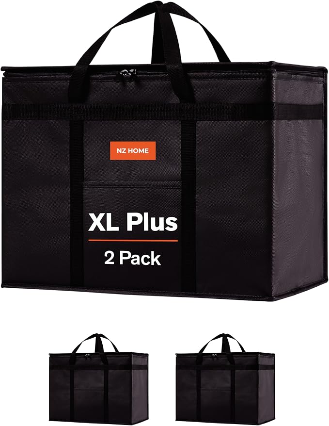 Insulated Food Bag, Portable Cooler Tote (XL Plus, Black, 2 Pack) | Large thermal bag, For cold & hot food, Soft sided cooler, Heavy duty carrier, Grocery shopping, Food delivery, Catering bag