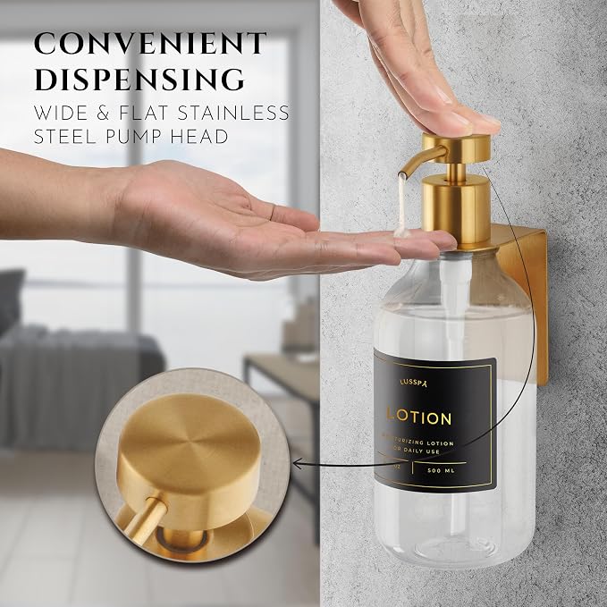 Shower Shampoo Dispenser Wall Mounted – Refillable 16.9 oz Clear Bottle with Stainless Steel Pump & No-Drill Adhesive Holder – Soap Dispenser for Bathroom (1 X Clear/Gold)