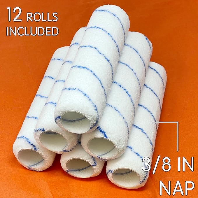 Allgala Paint Rollers 9 inch 3/8 Nap 12 Pack Shedless Lint Free Microfiber Paint Roller Covers for Paint Roller Kit House Painting Project