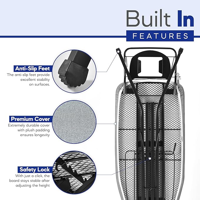 BKTD Extra-Wide Ironing Board – 48"×18" Large Surface (57" w/Iron Rest) • Built-in Clothes Rack, Hanger & Cord Holder • Heat-Resistant Cover • Heavy-Duty, No Wobble • Adjustable Height • Black Grey. | Built-in Hanger, Cord Holder, Heat-Resistant Cover,...