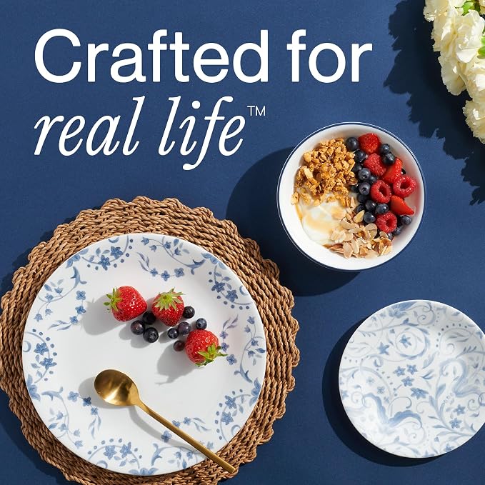 Corelle Vitrelle 18-Piece Service for 6 Dinnerware Set, Triple Layer Glass and Chip Resistant, Lightweight Round Plates and Bowls Set, Darlington