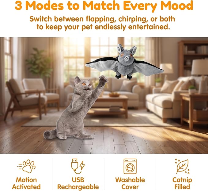 Flying Bat Dog Toy, Motion Activated Flapping Bat Cat Toy with Realistic Wings and Chirping Sounds, Rechargeable Remote Control Halloween Toy for Indoor Cats, Kittens and Small Dogs，3PCS
