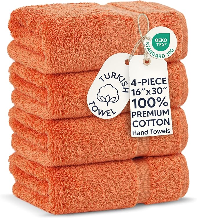 Chakir Turkish Linens 4 Piece Hand Towels, 100% Cotton Turkish Towels for Bathroom, Luxury Soft Absorbent Hand Towel Set, 16 x 30 Inches, Coral