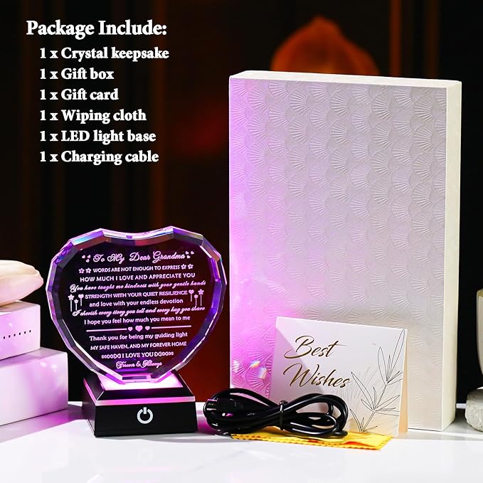 Arikyrist Gifts for Grandma with Colorful Light Base Great Grandma Birthday Gifts from Granddaughter Crystal Keepsake Best Gift Idea for Grandmother on Mother's Day Christmas Valentines