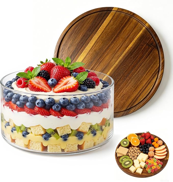 Jolitac 197oz Glass Trifle Bowl with Lid, Clear, 10 inch | Extra Large, Acacia Wood Airtight Lid, Thickened & BPA-Free, Modern Design, For Dessert Fruit Party Display