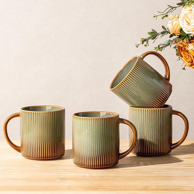 theterra Ceramic Coffee Mugs Set of 4, 14.2 oz Coffee Cups with Handle | Handmade, Suitable for Latte, Tea, Milk, Beer & Hot Cocoa, Sage Umber