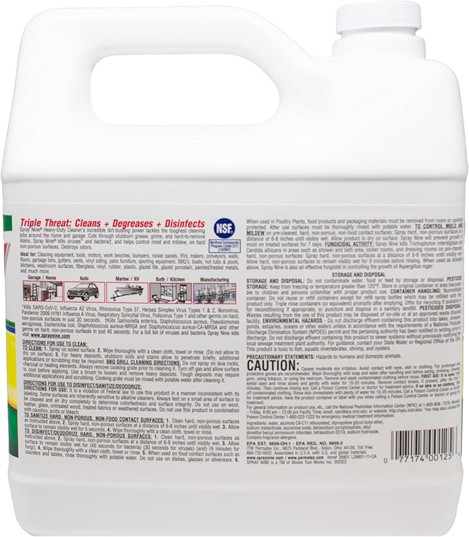 Spray Nine 26801 Heavy Duty Cleaner, Degreaser & Disinfectant for Home, Yard Equipment, Automotive & More - Refill for Spray Bottle 1 Gallon (Pack of 1)