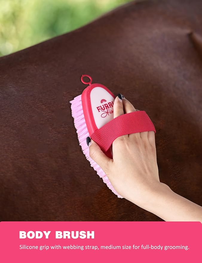 Horse Grooming Kit, 9 Piece Grooming Brush Set with Silicone Curry Comb for Bathing & Shedding Pink Garnet