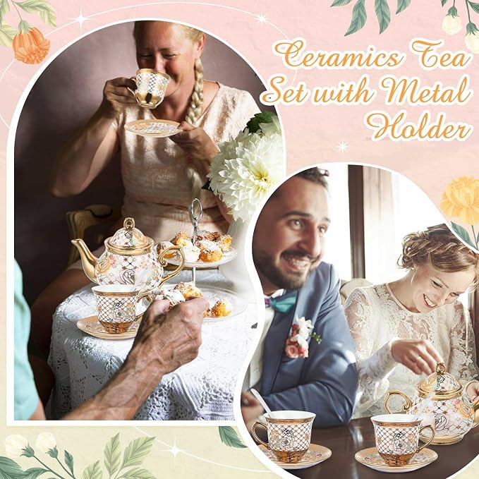 Zhehao 20 Pcs Porcelain Tea Set with Metal Holder and Spoon Adult Ceramic Tea Set European Flower Painting Teapot Cup Saucer Spoon for Women Mom Gift, Large Version (Delicate Style)