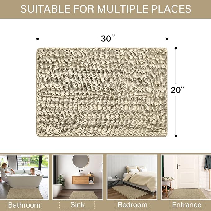 LOCHAS Luxury Bathroom Rug Shaggy Bath Mat 20 x 30 Inch, Beige | Washable Non Slip Bath Rugs for Bathroom Shower, Soft Plush Chenille Absorbent Carpets