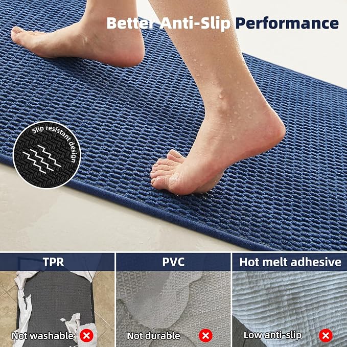 TYUU Bathroom Runner Rug, Long Bath Mat Washable Thin Quick Dry Low Pile Bathroom Runner Rugs 24 x 60 Non Slip, Navy Blue 24"x60"