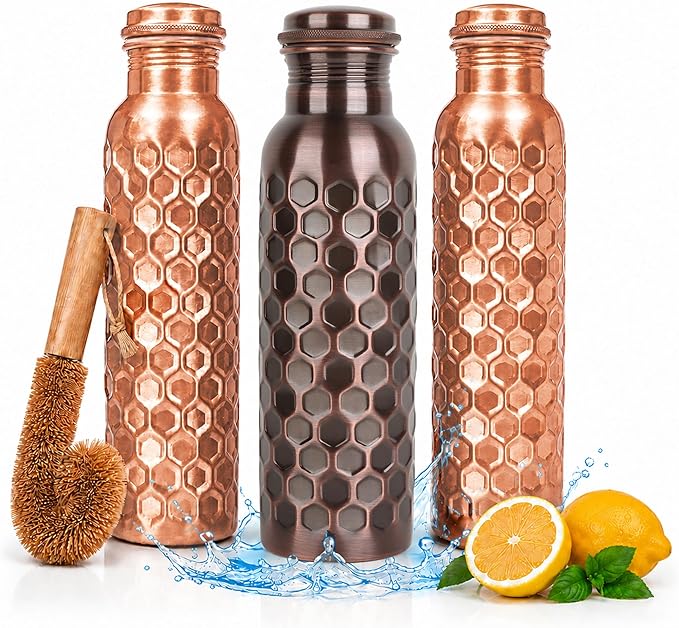 Copper Water Bottle,Ayurvedic Pure Copper Bottle For Drinking - Drink More Water, Lower your Sugar Intake And Enjoy The health Benefits Immediately - 32 Oz(1Cleaning Brush +3 Diamond Bottle)