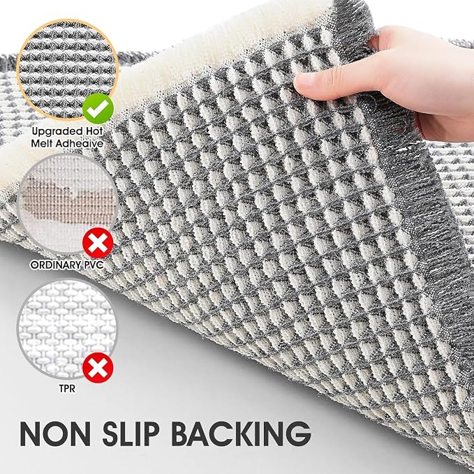 IM HOME Waffle Bath Mat Set 2 Piece Darkgrey & Cream,Woven Modern Bath Rug Mats, Absorbent Non Slip Bath Floor Mat, Soft Washable Boho Bath Rugs with Tassels for Bathroom, Bedroom,Tub