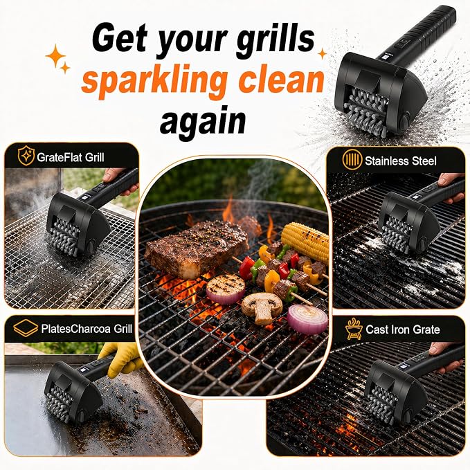 Electric Grill Brush for Outdoor Grill, 4000mAh Cordless Rechargeable BBQ Cleaner with LED Light,2-Speed Grill Cleaner,No Shedding 304 Stainless Steel,Waterproof Grill Cleaning Brush Gifts for Men Dad