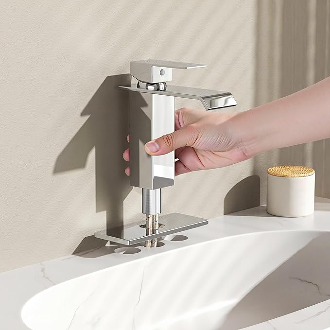 FORIOUS Bathroom Sink Faucets Chrome, Modern Waterfall Vanity Faucet 1 or 3 Hole Single Handle with Deck Plate and Drain, Suitable for Vanity Rv Camper Commerical