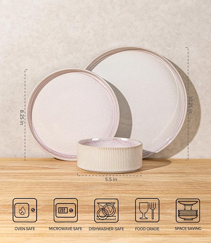 TheTerra Ceramic Dinnerware Sets for 6, 18 Pieces Porcelain Lightweight Plates and Bowls Sets, Scratch Resistant Dish Set, Oven & Microwave & Dishwasher Safe, Primrose Pink