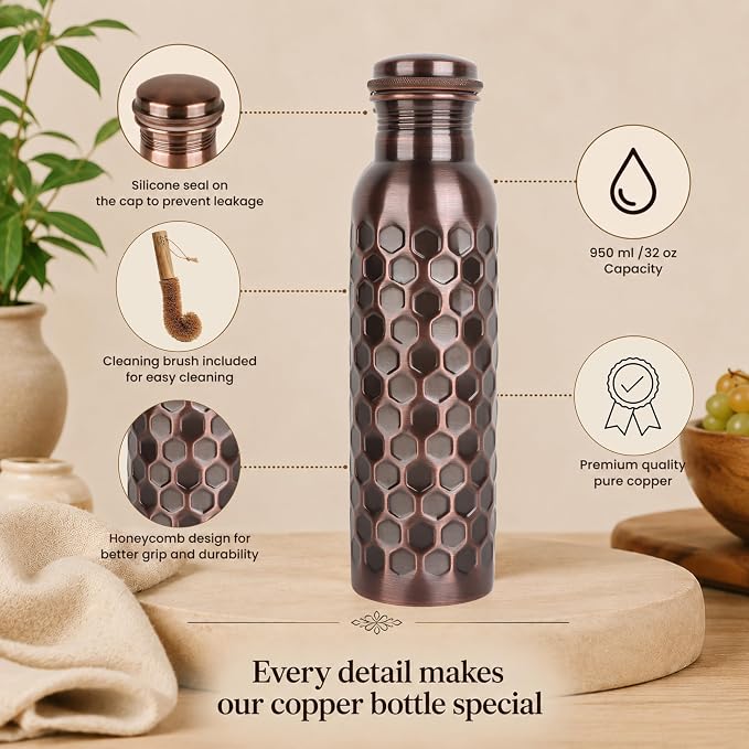 Copper Water Bottle 32 Oz Extra Large, Real Copper Drinking Bottle, Antique Honeycomb Ayurvedic Pure Bottle for Drinking Water, Leak Proof Lid with Cleaning Brush, Home Office Use