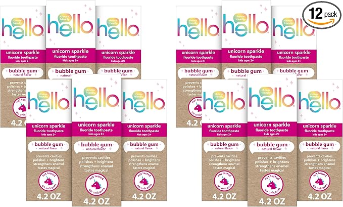 Hello Unicorn Sparkle Kids Toothpaste with Fluoride, Bubble Gum Toothpaste, 4.2 Oz Tube (Pack of 12)