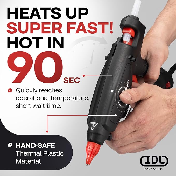 IDL Packaging GG-220 Industrial 200W Hot Glue Gun with 10 pcs Glue Sticks - 1/2" x 10" Full-Size Glue Sticks, Amber - Hot Glue Gun Kit for Corrugated Boxes, Cardboard Packaging, or Paper