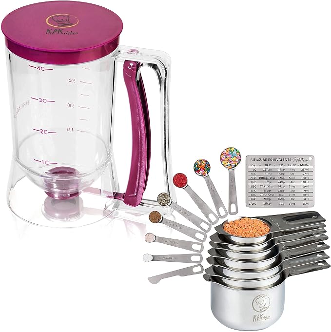 KPKitchen Pancake & Cupcake Batter Dispenser and Stainless Steel Measuring Cups and Spoons Set of 14 - Perfect for Waffles, Cakes, Crepes or Any Baked Goods - 7 Cup and 7 Spoon Metal Measure Sets