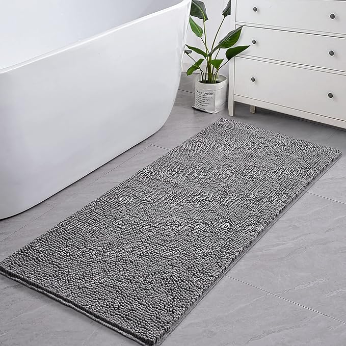 LOCHAS Luxury Bathroom Rug Shaggy Bath Mat 24 x 60 Inch, Gray | Washable Non Slip Bath Rugs for Bathroom Shower, Soft Plush Chenille Absorbent Carpets