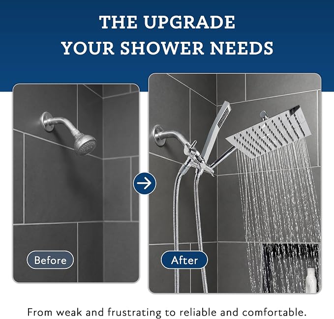 G-Promise All Metal 10" Dual Square Shower Head Combo | Rain Shower Head | Handheld Shower Wand | Adjustable | Smooth 3-Way Diverter | 71" Extra Long Hose - A Bathroom Upgrade (Chrome)