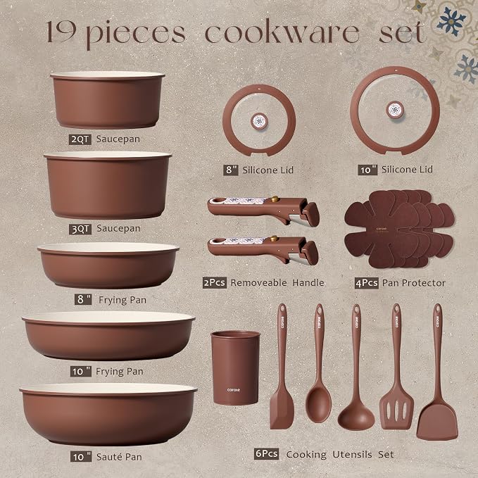 CAROTE 19Pcs Ceramic Cookware Set, Pots and Pans Set Non stick, Non Toxic Cookware Detachable Handle, Kitchen Cooking Set - Induction Cookware, Dishwasher/Oven Safe, PFAS Free, Chocolate