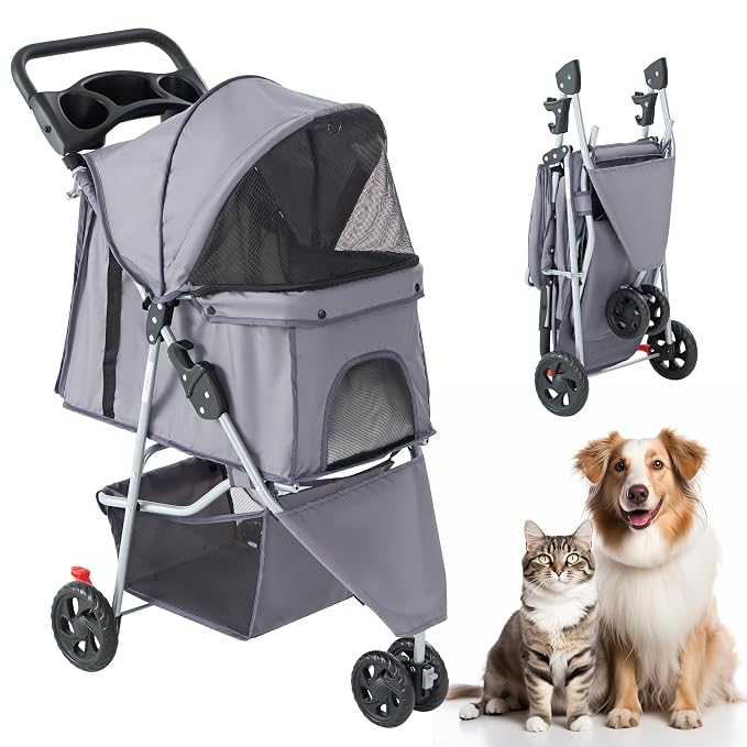 DUMOS 3 Wheels Pet Stroller for Small Dogs and Cats, Foldable Dog Stroller with Mesh Windows, Storage Basket & Cup Holder, Lightweight & Durable Pet Carrier for Outdoor Use, Grey