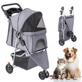 DUMOS 3 Wheels Pet Stroller for Small Dogs and Cats, Foldable Dog Stroller with Mesh Windows, Storage Basket & Cup Holder, Lightweight & Durable Pet Carrier for Outdoor Use, Grey