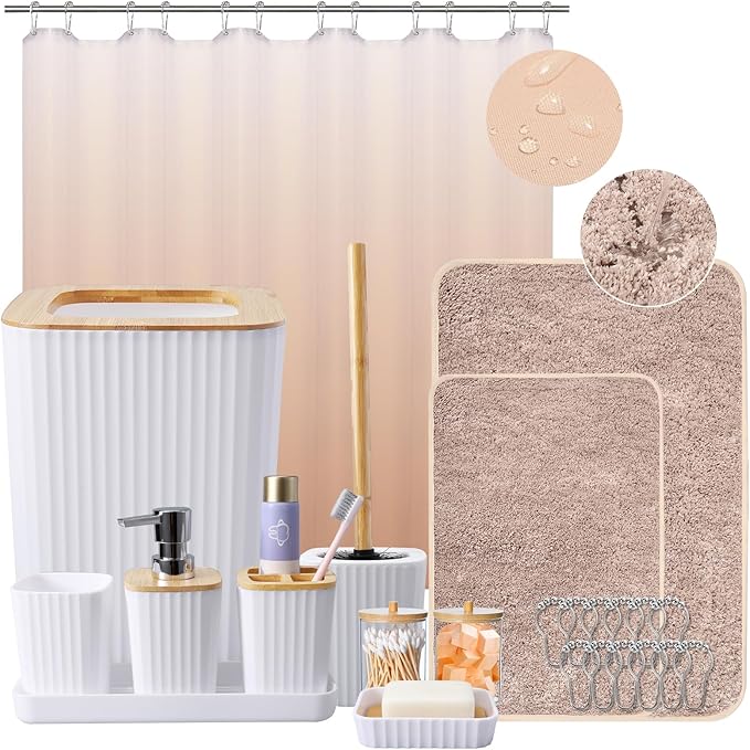 XLHOMO 24Pcs White and Gold Bathroom Set with Shower Curtain and Rug, White Bathroom Sets Complete with Trash Can,Soap Dispenser,Soap Dish,Toilet Brush,Toothbrush Holder and Cup,Tray,Q-Tip Holders