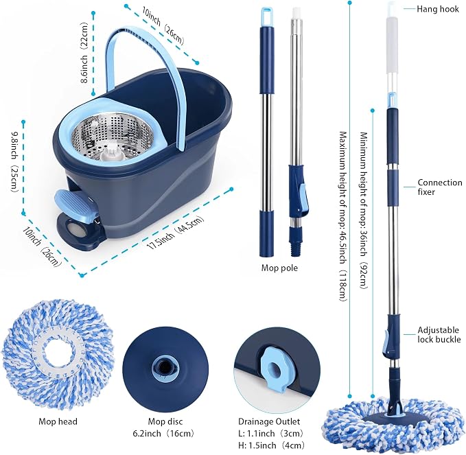 Spin Mop and Bucket with Wringer Set, 360° Rotating Microfiber Mop, Adjustable Handle, Hands-Free Wringing, Reusable Mop Heads (Light Blue mop and Bucket + 5 mop Head)
