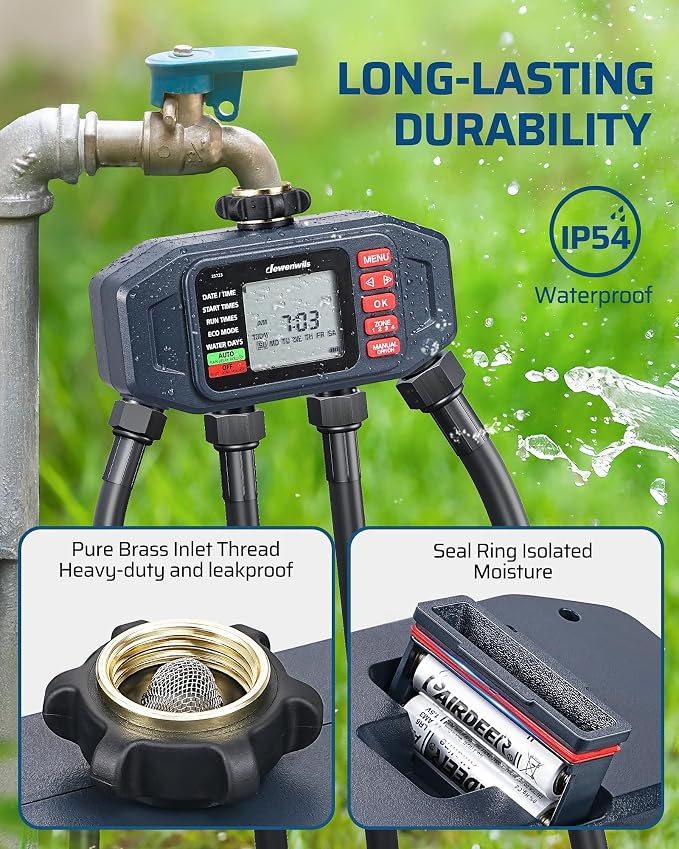 DEWENWlLS Sprinkler Timer, 4 Zone, Outdoor Faucet lrigation, Rain Delay & Manual, Programmable Water Hose Timer for Holiday, Garden, Lawn, Vegetable Gardening, Potted Flowers